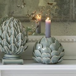 The Grey Works Ceramic Artichoke Candle Holder In Sage Green Homewares
