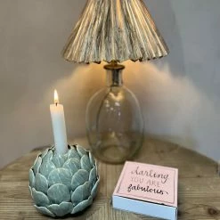 The Grey Works Ceramic Artichoke Candle Holder In Sage Green Homewares