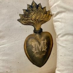Boncoeurs Ex Voto Antiqued Gold Flamed Heart Cushion