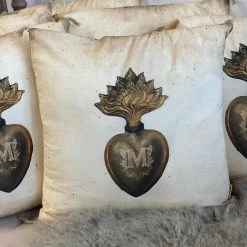 Boncoeurs Ex Voto Antiqued Gold Flamed Heart Cushion