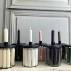 The Grey Works Glass Candle Holder With Twelve Dinner Candles In Charcoal