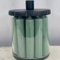 The Grey Works Glass Candle Holder With Twelve Dinner Candles In Green