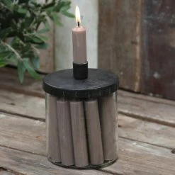 The Grey Works Glass Candle Holder With Twelve Dinner Candles In Taupe