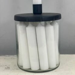 The Grey Works Glass Candle Holder With Twelve Dinner Candles In White
