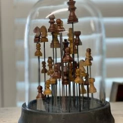 The Grey Works Glass Dome With Wooden Chess Pieces