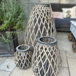 The Grey Works Rattan Braided Lantern Extra Small With Glass Votive Candle Holders
