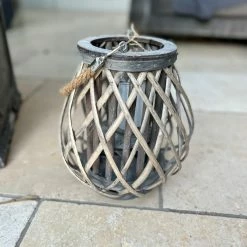 The Grey Works Rattan Braided Lantern Extra Small With Glass Votive Candle Holders