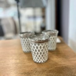 The Grey Works Tea-Light Holder In Antiqued White And Silver Diamond Etched Glass With A Beaded Rim