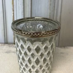 The Grey Works Tea-Light Holder In Antiqued White And Silver Diamond Etched Glass With A Beaded Rim