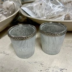 The Grey Works Homewares Tea-Light Holder In Antiqued White And Silver Glass With A Beaded Rim