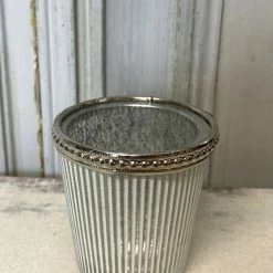 The Grey Works Homewares Tea-Light Holder In Antiqued White And Silver Glass With A Beaded Rim