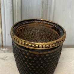 The Grey Works | Life & Style Tea-Light Lantern In Black And Gold Dimpled Glass With A Copper Beaded Rim