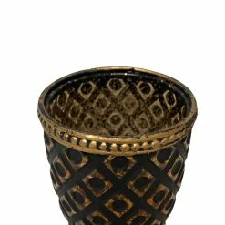 The Grey Works Tea-Light Lantern In Black And Gold Glass With A Copper Beaded Rim Homewares