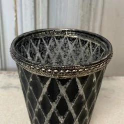 The Grey Works Tea-Light Lantern In Mercurised Diamond Black And Silver Glass With A Beaded Rim