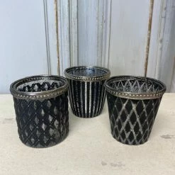 The Grey Works Tea-Light Lantern In Mercurised Diamond Black And Silver Glass With A Beaded Rim