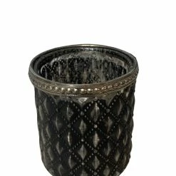 The Grey Works Tea-Light Lantern In Mercurised Ornate Diamond Black And Silver Glass With A Beaded Rim Homewares