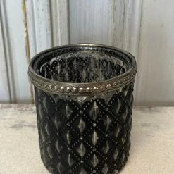 The Grey Works Tea-Light Lantern In Mercurised Ornate Diamond Black And Silver Glass With A Beaded Rim Homewares