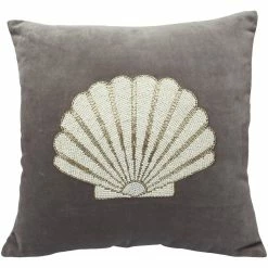 The Grey Works Velvet Cushion With Beaded Shell Design In Grey