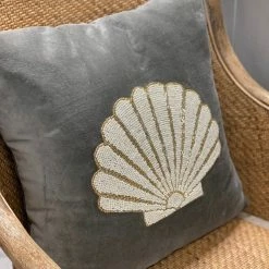 The Grey Works Velvet Cushion With Beaded Shell Design In Grey