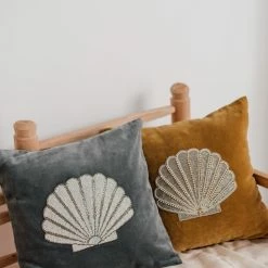 The Grey Works Velvet Cushion With Beaded Shell Design In Grey