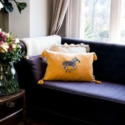 Elizabeth Scarlett Zebra Mustard Velvet Tassel Cushion